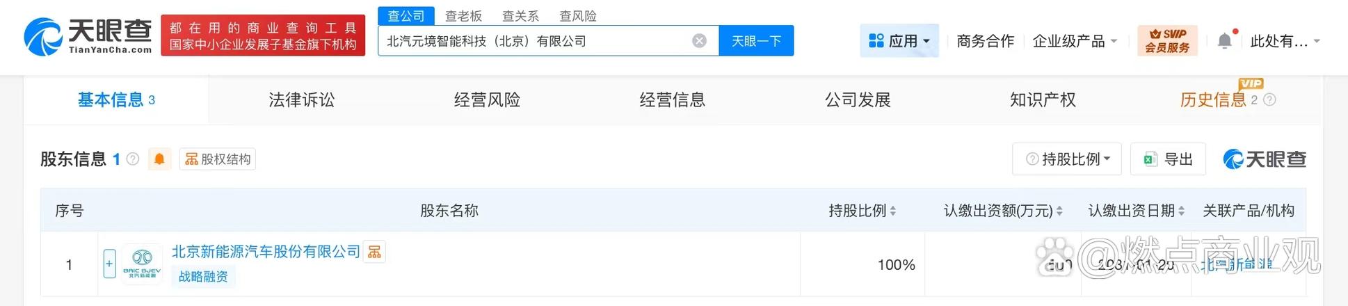 【#北汽新能源成立元境智能科技公司# 注冊資本500萬】